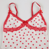 Women Heart Print Lace V-Neck Suspender Top and Shorts Two Piece Set