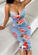 Women Blue Floral Print Patchwork Lace Suspender Dress