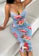 Women Blue Floral Print Patchwork Lace Suspender Dress