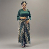 Plus Size Women African pleated Top and printed wide-leg pants Two Piece Set