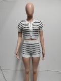 Women Short Sleeve Striped Top and Shorts Two Piece Set