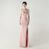 Women lace mesh herringbone Lace-Up beaded Formal Party evening dress