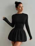 Women Round Neck Long Sleeve Pleated Casual Dress