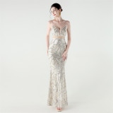 Women beaded cross Lace-Up v-neck fishtail Formal Party evening dress