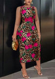 Plus Size Women Round Neck Leopard Flower Print Sleeveless Bodycon Dress