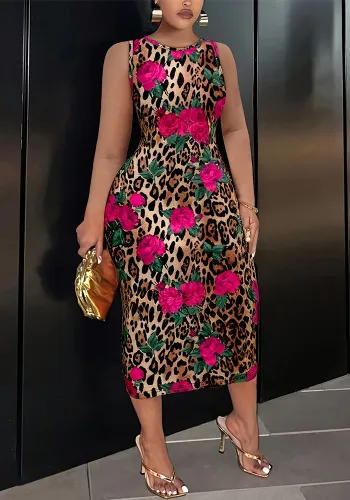 Plus Size Women Round Neck Leopard Flower Print Sleeveless Bodycon Dress