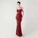 Women herringbone Lace-Up wrapped chest formal Formal Party sequined evening dress
