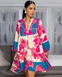 Women Elegant Floral Print V-Neck Patchwork Contrast Color Mini Dress