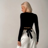 Women Summer Hollow Lace-Up Long Sleeve Round Neck T-shirt Crop Top