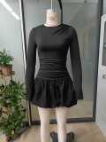 Women Round Neck Long Sleeve Pleated Casual Dress