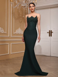 Women Strapless Lace-Up Diamond Fishtail Evening Dress