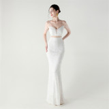 Women beaded cross Lace-Up hollow Patchwork Formal Party evening dress