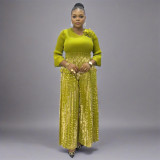 Plus Size Women African pleated Top and printed wide-leg pants Two Piece Set