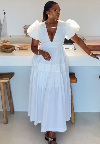 Women Spring V-Neck Zipper Puff Sleeve Hollow Maxi Dress