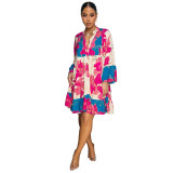 Women Elegant Floral Print V-Neck Patchwork Contrast Color Mini Dress