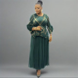 Plus Size Women African pleated Casual irregular Top and Skirt Two Piece Set