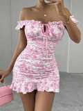 Women Retro Floral Off-shoulder Ruffle Sexy Dress