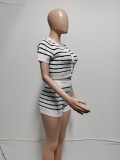 Women Short Sleeve Striped Top and Shorts Two Piece Set