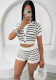 Women Short Sleeve Striped Top and Shorts Two Piece Set