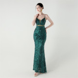 Women See-Through Mesh back cross Lace-Up fishtail sequined evening dress