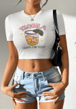 Women Summer Fruit Juice Cup Print Sexy Crop Short Sleeve T-shirt
