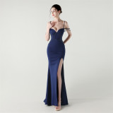 Women lace mesh herringbone Lace-Up beaded Formal Party evening dress