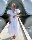 Women Spring V-Neck Zipper Puff Sleeve Hollow Maxi Dress