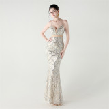 Women See-Through Mesh back cross Lace-Up fishtail sequined evening dress