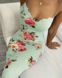 Women Blue Floral Print Patchwork Lace Suspender Dress