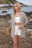 Women Spring Summer Turndown Collar Casual Short Sleeve Knitting Top