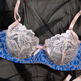 Women summer lace blue and pink leopard print Patchwork contrast color butterfly bra Sexy Lingerie Two Piece Set