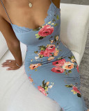 Women Blue Floral Print Patchwork Lace Suspender Dress