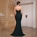 Women Strapless Lace-Up Diamond Fishtail Evening Dress