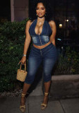 Women Strapless Halter Neck Lace-up Stretch Denim Top and Capri Two Piece Set