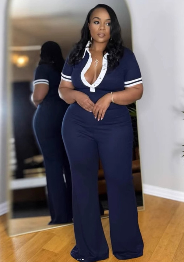 Women Elegant Stretch Contrast Color Turndown Collar Jumpsuit