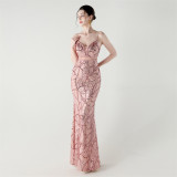 Women See-Through Mesh back cross Lace-Up fishtail sequined evening dress