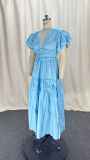 Women Spring V-Neck Zipper Puff Sleeve Hollow Maxi Dress
