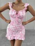 Women Retro Floral Off-shoulder Ruffle Sexy Dress