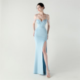 Women lace mesh herringbone Lace-Up beaded Formal Party evening dress