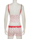 Women Heart Print Lace V-Neck Suspender Top and Shorts Two Piece Set