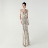 Women beaded cross Lace-Up hollow Patchwork Formal Party evening dress