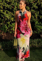Women Sexy Halter Neck Backless Print Bodycon Dress