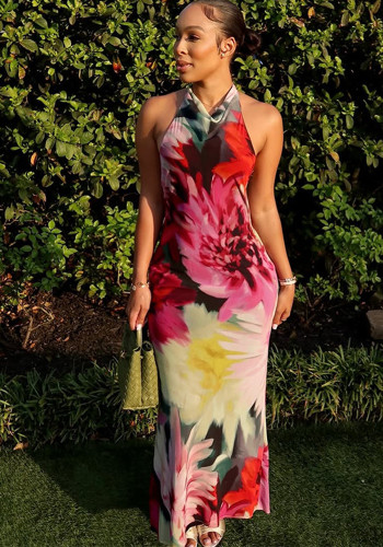 Women Sexy Halter Neck Backless Print Bodycon Dress