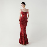 Women herringbone Lace-Up wrapped chest formal Formal Party sequined evening dress