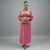 Plus Size Women African pleated Casual irregular Top and Skirt Two Piece Set