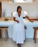 Women Spring V-Neck Zipper Puff Sleeve Hollow Maxi Dress