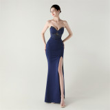 Women herringbone Lace-Up wrapped chest pleated hollow Formal Party evening dress