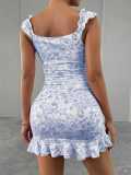 Women Retro Floral Off-shoulder Ruffle Sexy Dress