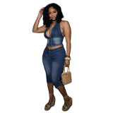 Women Strapless Halter Neck Lace-up Stretch Denim Top and Capri Two Piece Set