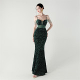 Women herringbone Lace-Up wrapped chest formal Formal Party sequined evening dress